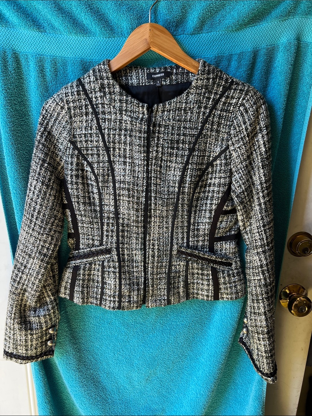 Express Black and White Tweed Zip-Up Blazer